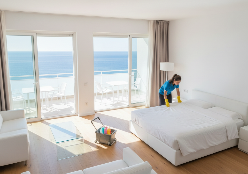 Professional woman performing the Airbnb cleaning service in an Alicante apartment with sea views.