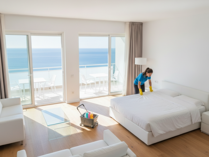 Professional woman performing the Airbnb cleaning service in an Alicante apartment with sea views.